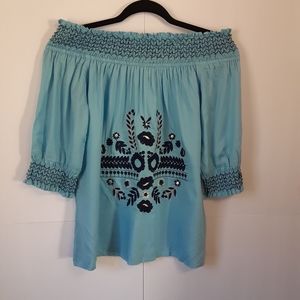 STOP blue embroidered off shoulder quarter sleeve